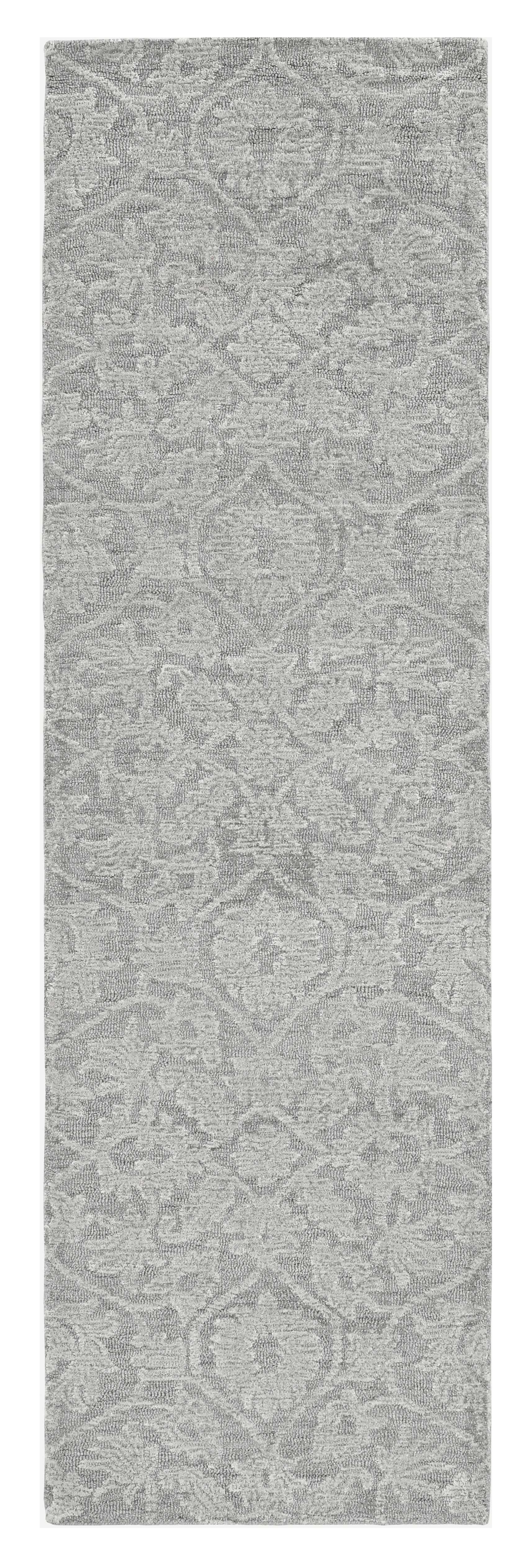 8' Gray And Light Gray Wool Floral Medallion Hand Tufted Runner Rug-Area Rugs-DECOROLALA