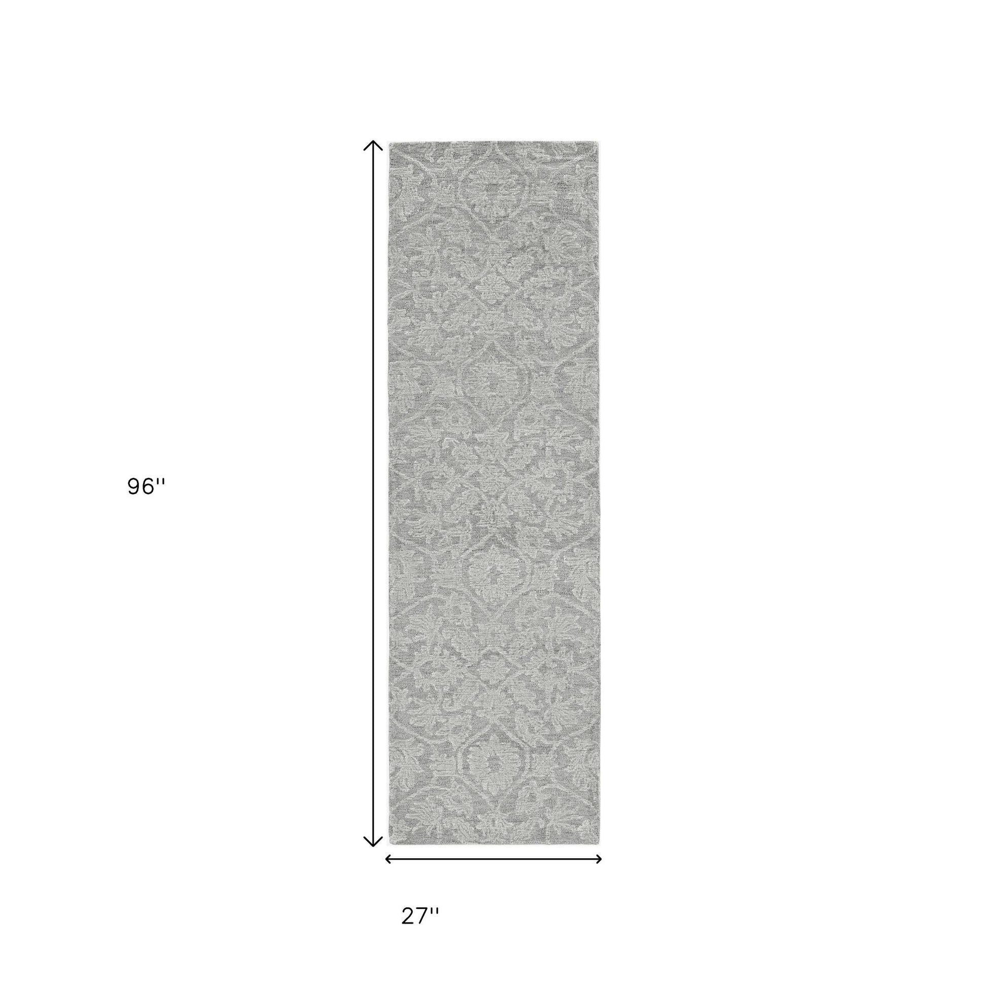 8' Gray And Light Gray Wool Floral Medallion Hand Tufted Runner Rug-Area Rugs-DECOROLALA