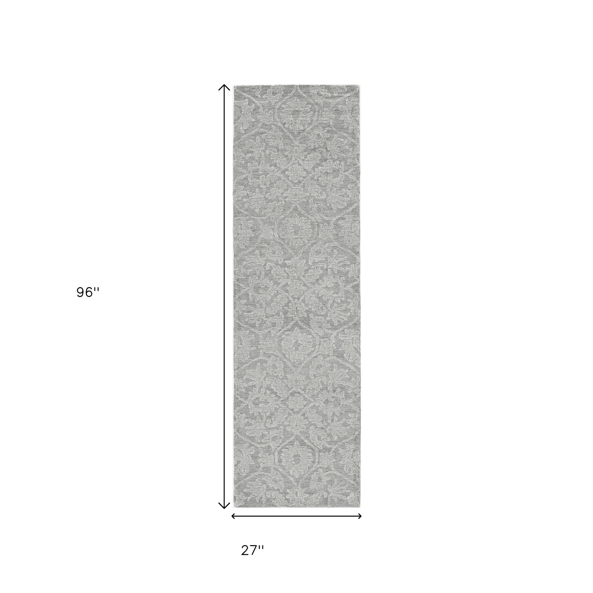 8' Gray And Light Gray Wool Floral Medallion Hand Tufted Runner Rug-Area Rugs-DECOROLALA