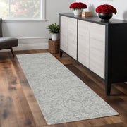 8' Gray And Light Gray Wool Floral Medallion Hand Tufted Runner Rug-Area Rugs-DECOROLALA