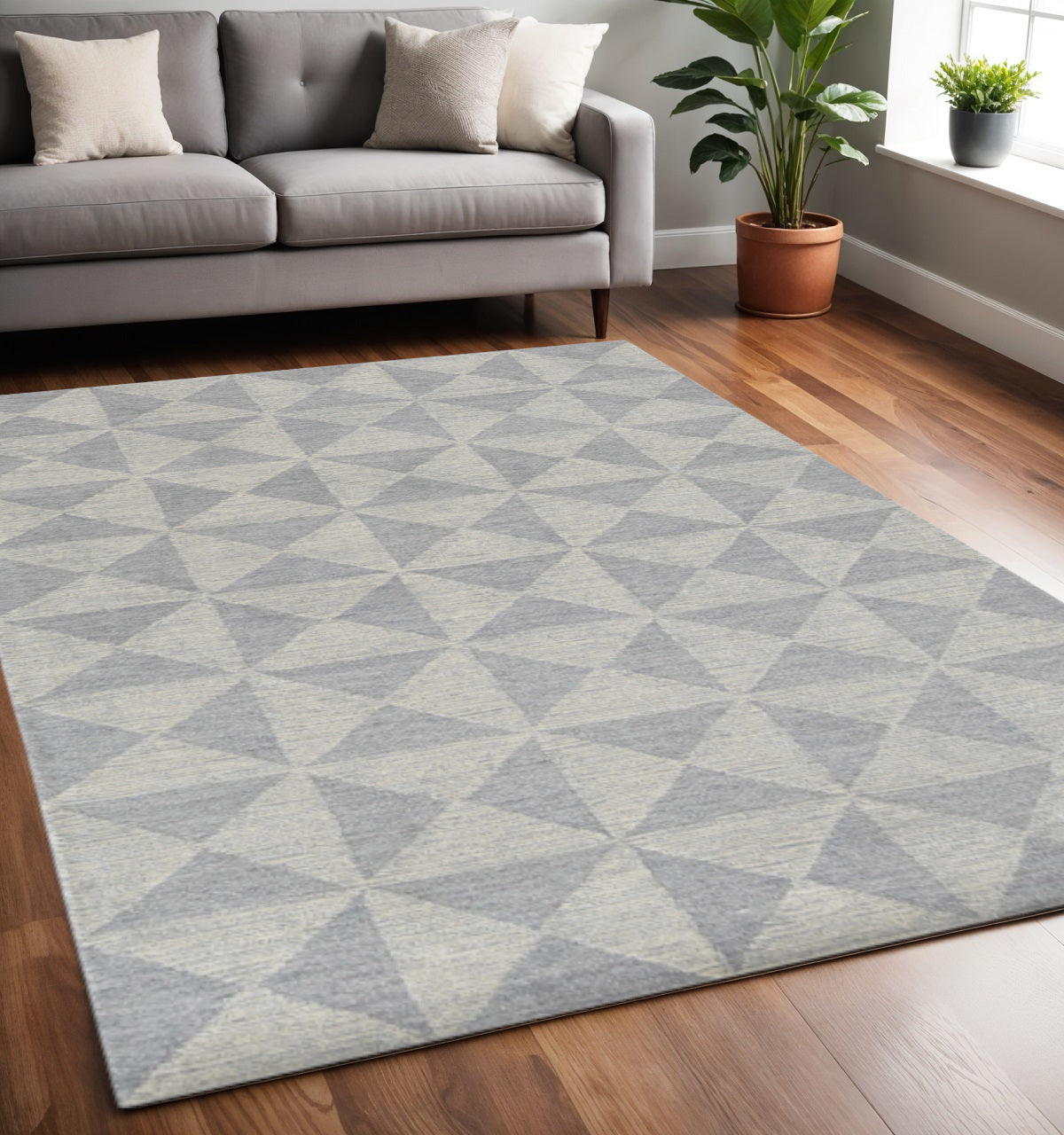 8' Gray And Light Gray Wool Geometric Hand Tufted Runner Rug-Area Rugs-DECOROLALA