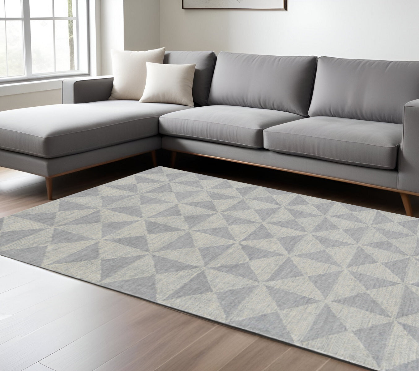 8' Gray And Light Gray Wool Geometric Hand Tufted Runner Rug-Area Rugs-DECOROLALA