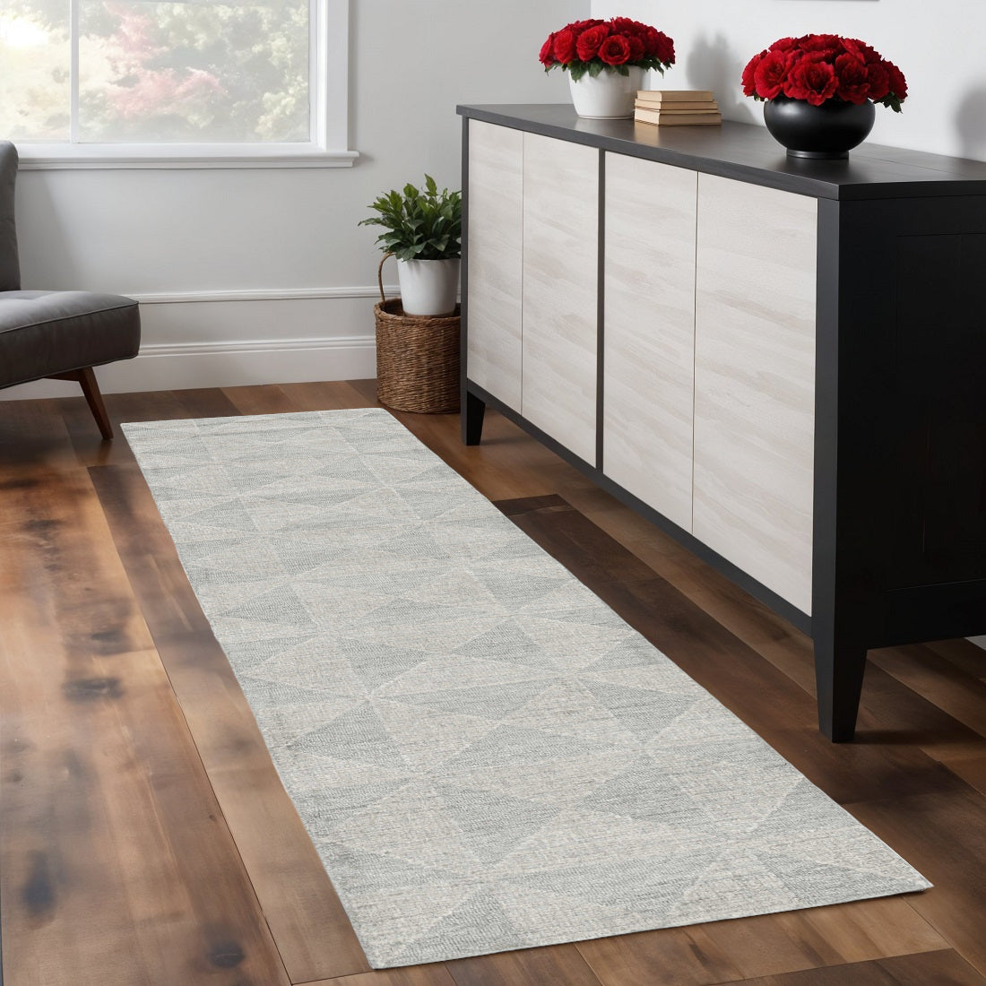 8' Gray And Light Gray Wool Geometric Hand Tufted Runner Rug-Area Rugs-DECOROLALA