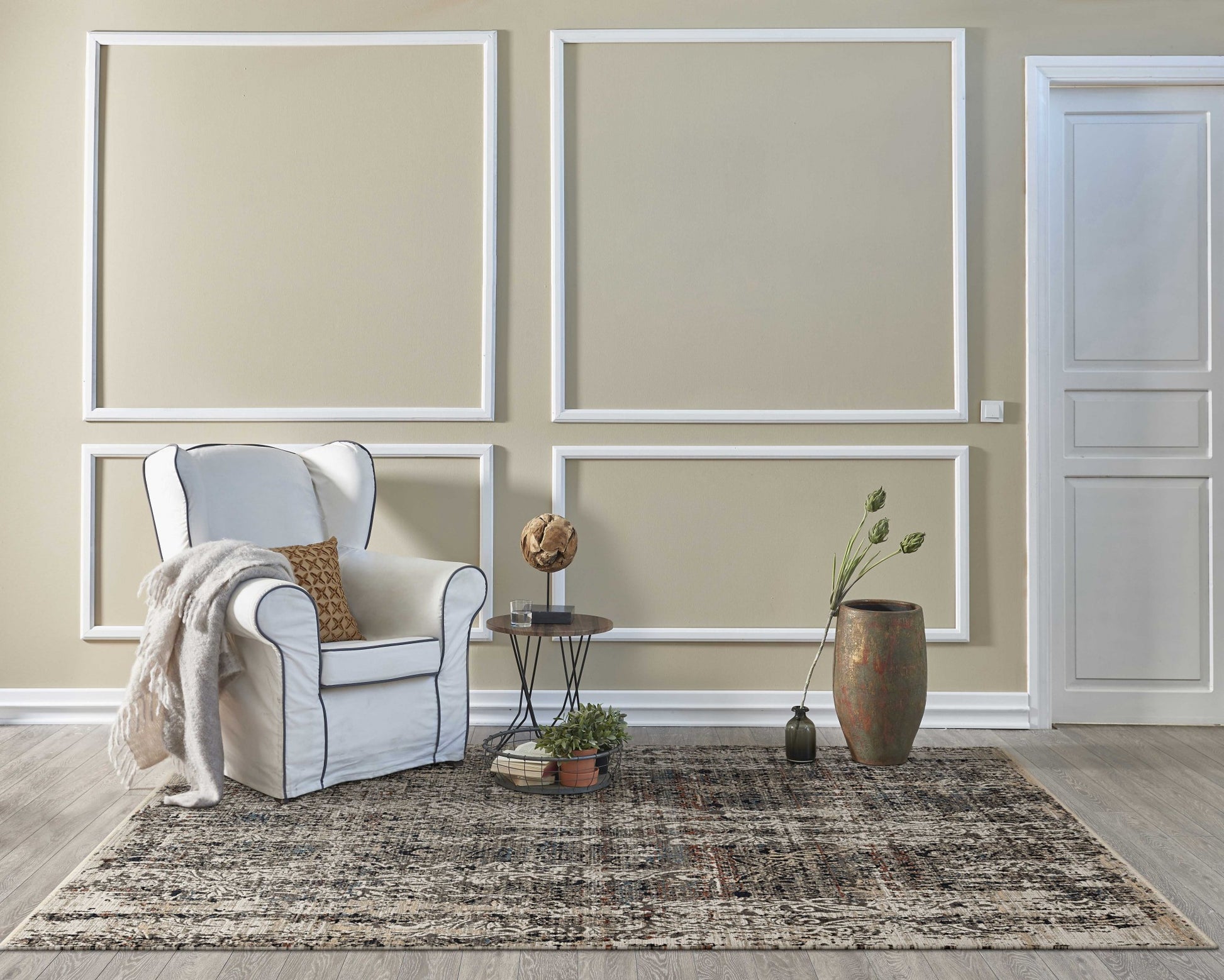 8' Gray And Tan Abstract Round Rug-Area Rugs-DECOROLALA