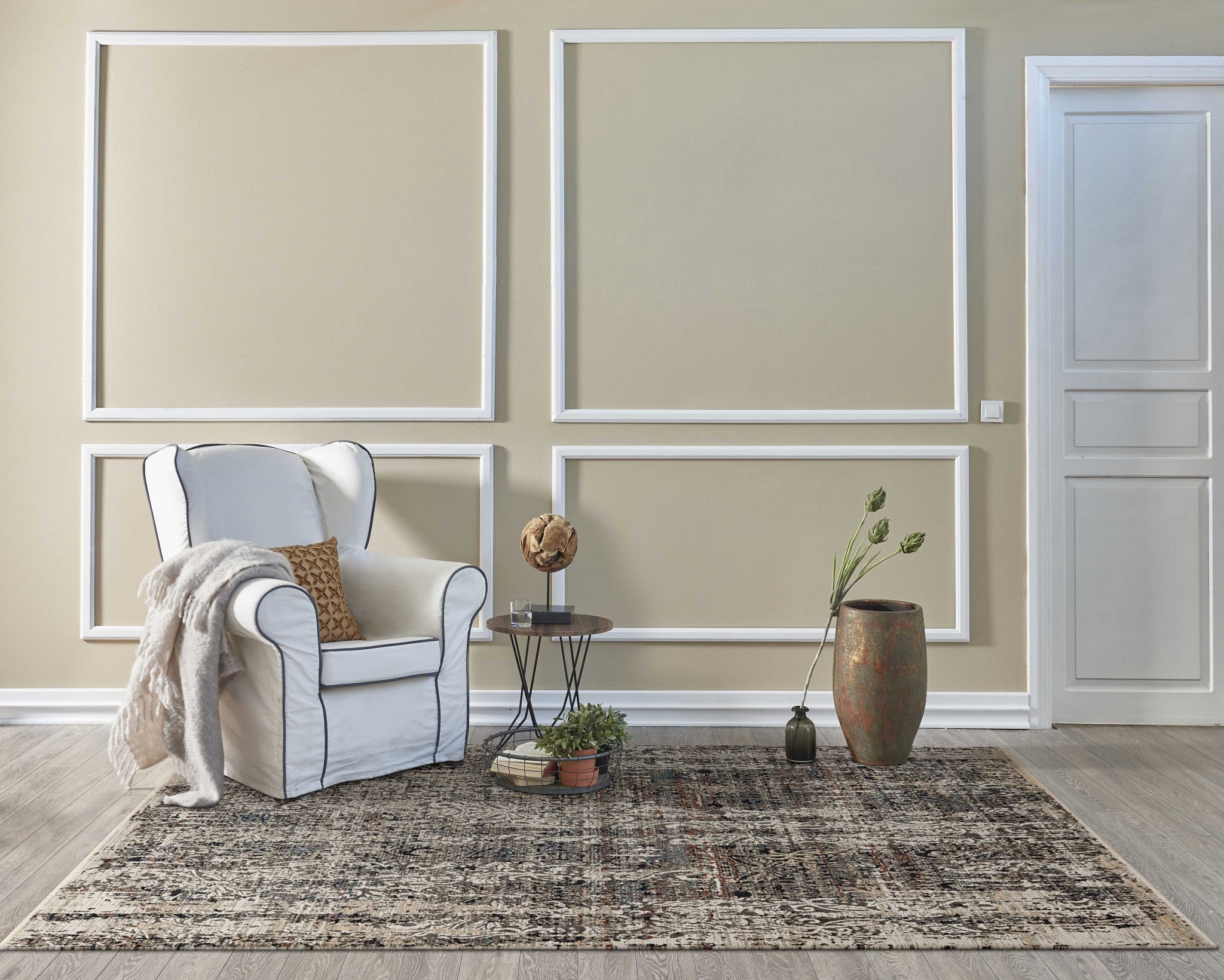 8' Gray And Tan Abstract Round Rug-Area Rugs-DECOROLALA