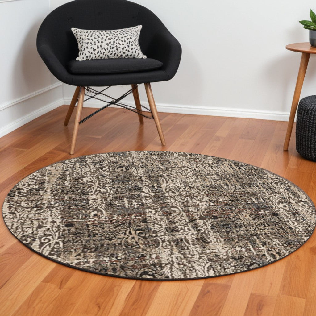 8' Gray And Tan Abstract Round Rug-Area Rugs-DECOROLALA