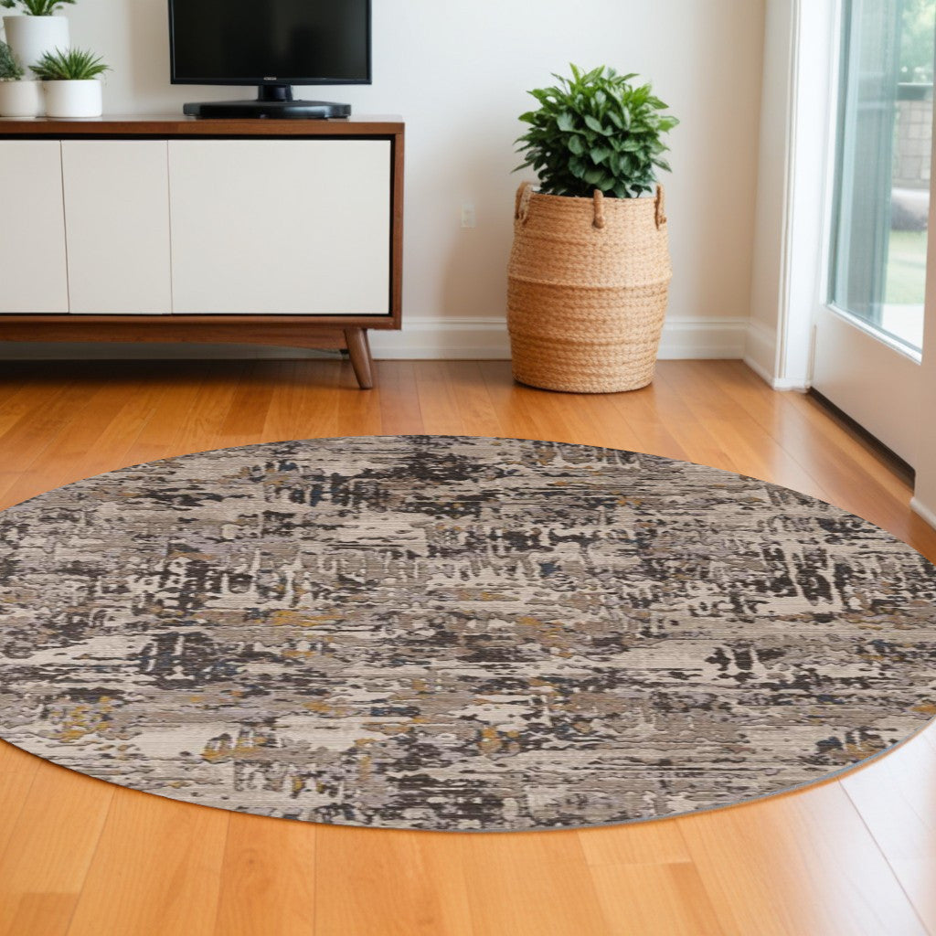 8' Gray Black And Gold Abstract Round Rug-Area Rugs-DECOROLALA