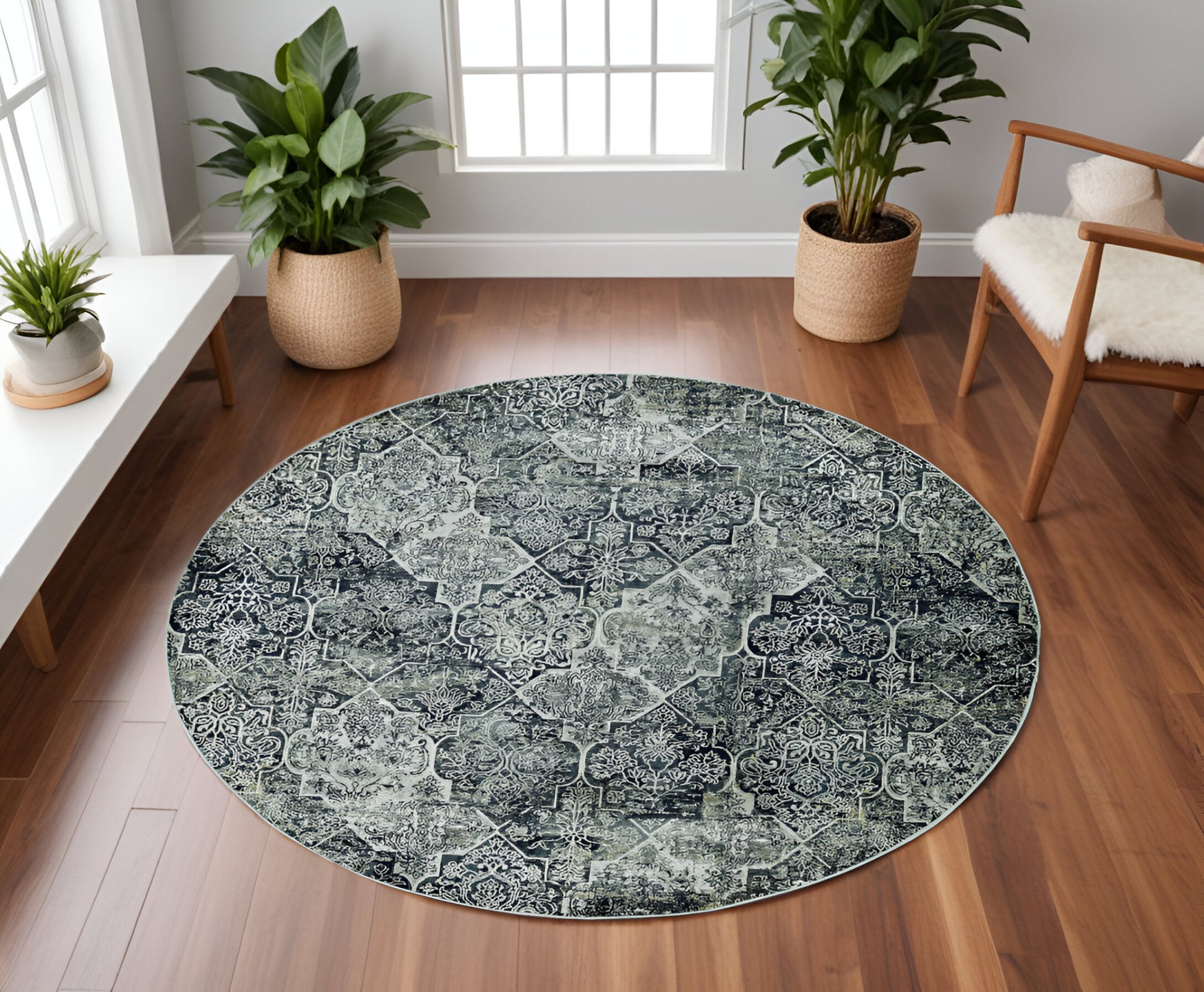 8' Gray Quatrefoil Round Rug-Area Rugs-DECOROLALA