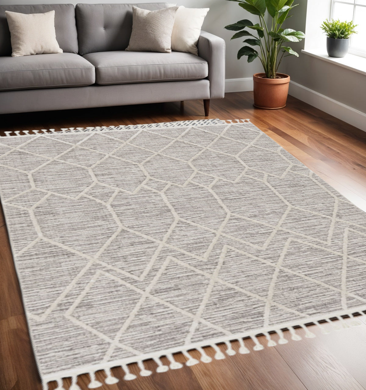 8' Gray and Ivory Abstract Runner Rug-Area Rugs-DECOROLALA
