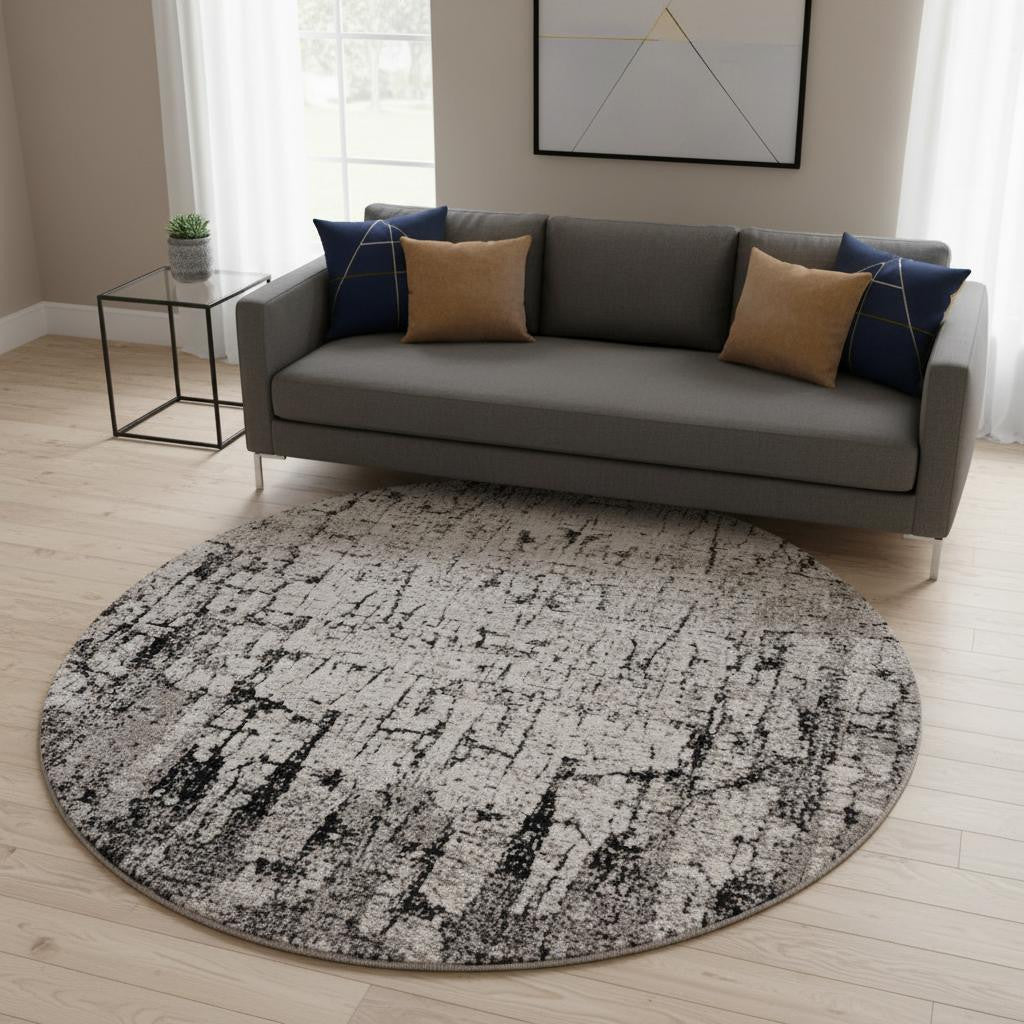 8' Gray and Ivory Round Area Rug-Area Rugs-DECOROLALA