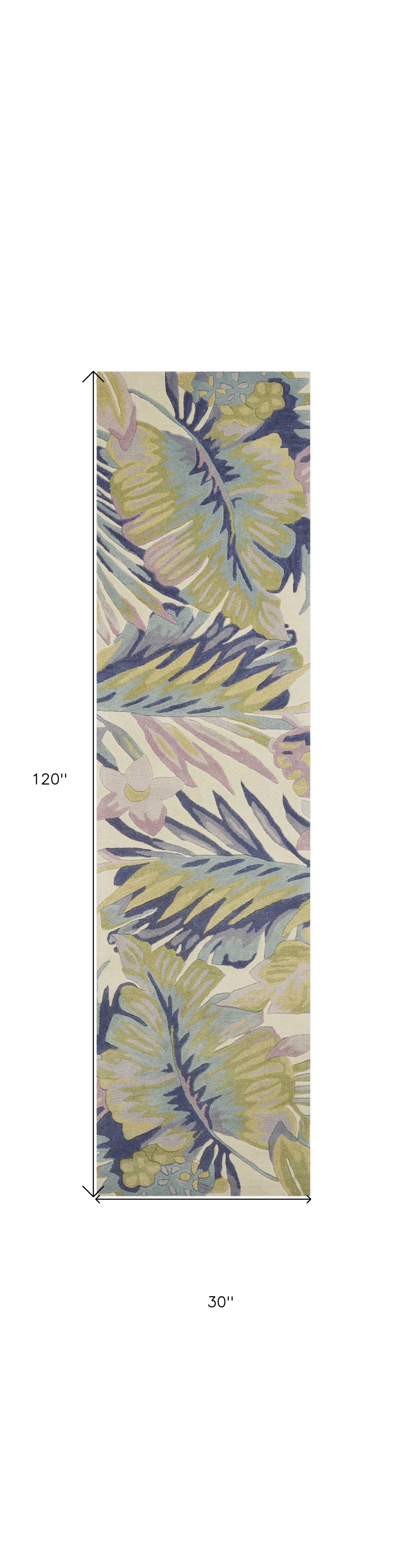 8' Green Pink And Purple Wool Tropical Botanical Hand Tufted Runner Rug-Area Rugs-DECOROLALA
