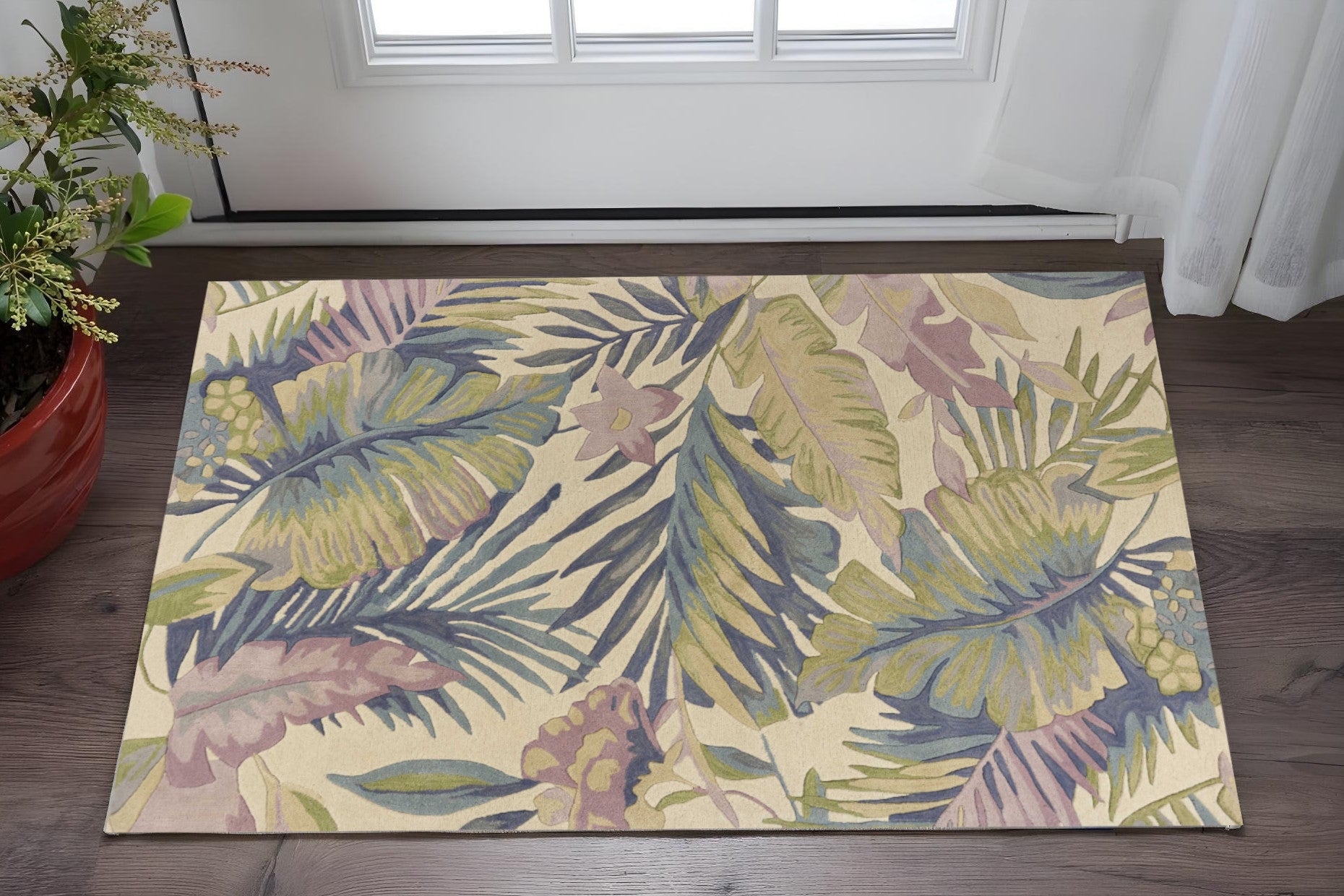 8' Green Pink And Purple Wool Tropical Botanical Hand Tufted Runner Rug-Area Rugs-DECOROLALA