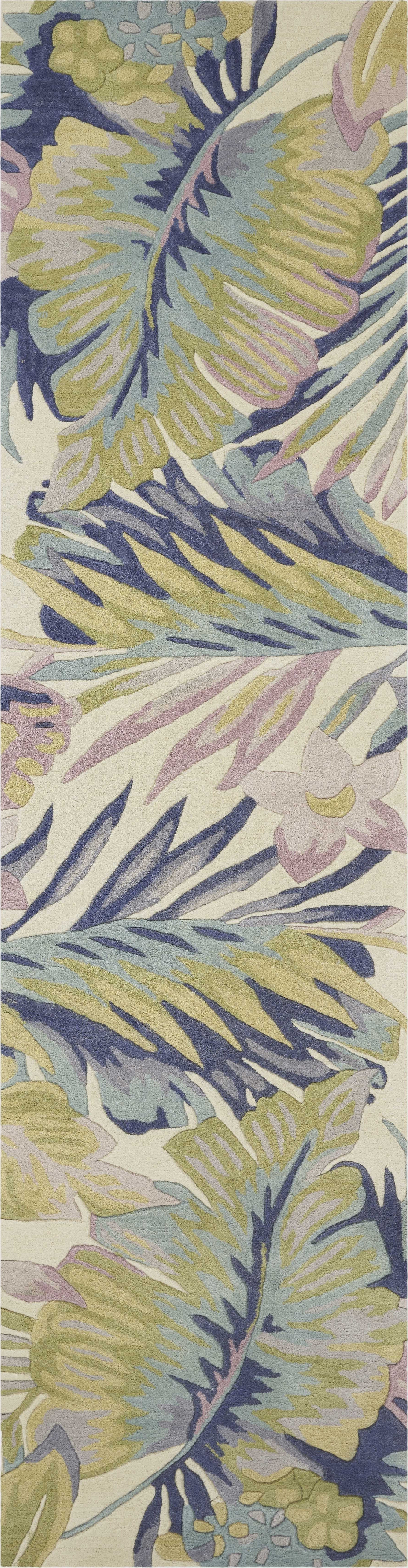 8' Green Pink And Purple Wool Tropical Botanical Hand Tufted Runner Rug-Area Rugs-DECOROLALA