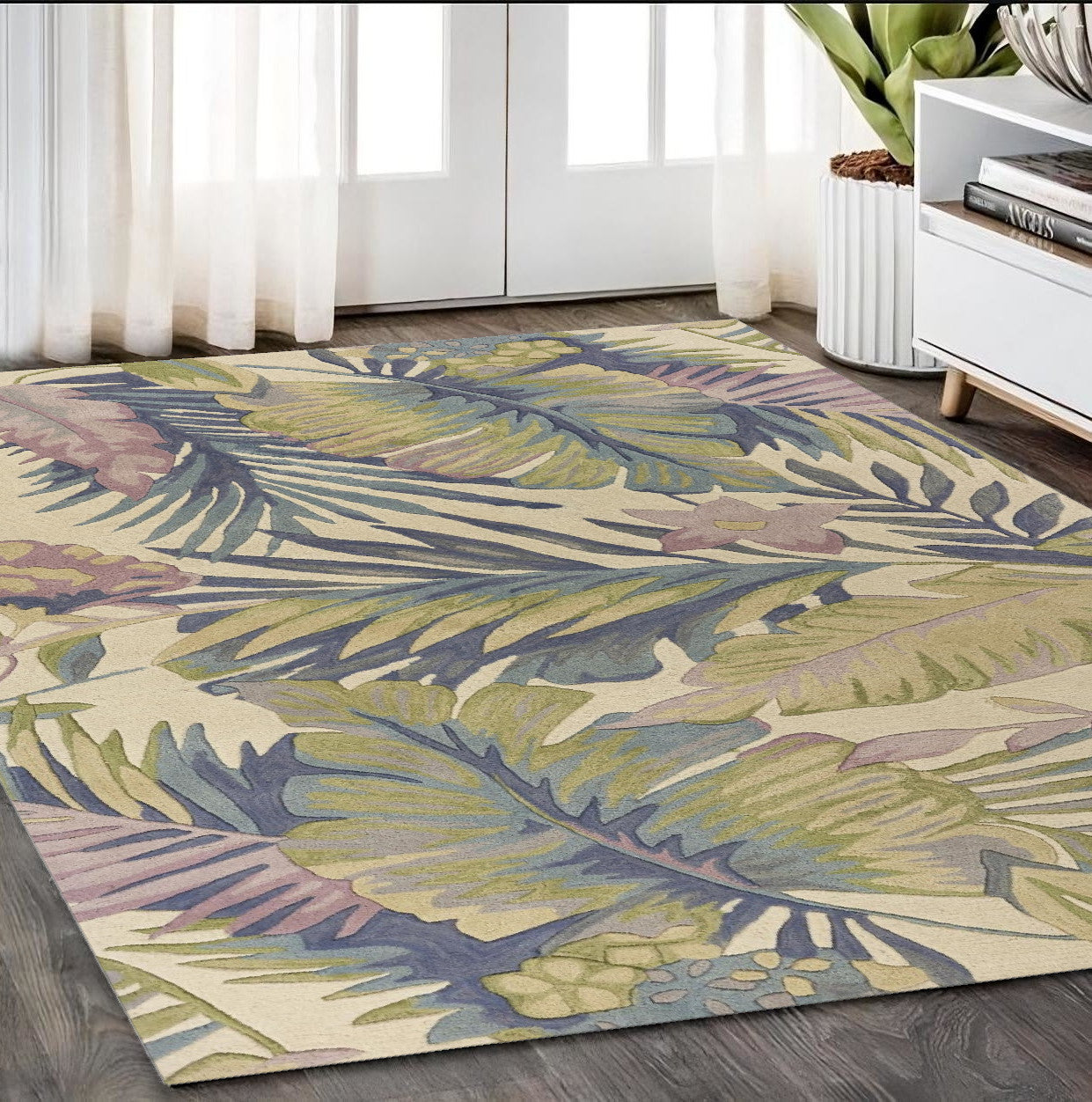 8' Green Pink And Purple Wool Tropical Botanical Hand Tufted Runner Rug-Area Rugs-DECOROLALA