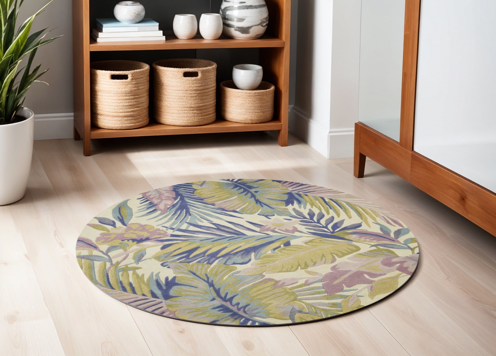 8' Green Pink And Purple Wool Tropical Botanical Hand Tufted Runner Rug-Area Rugs-DECOROLALA