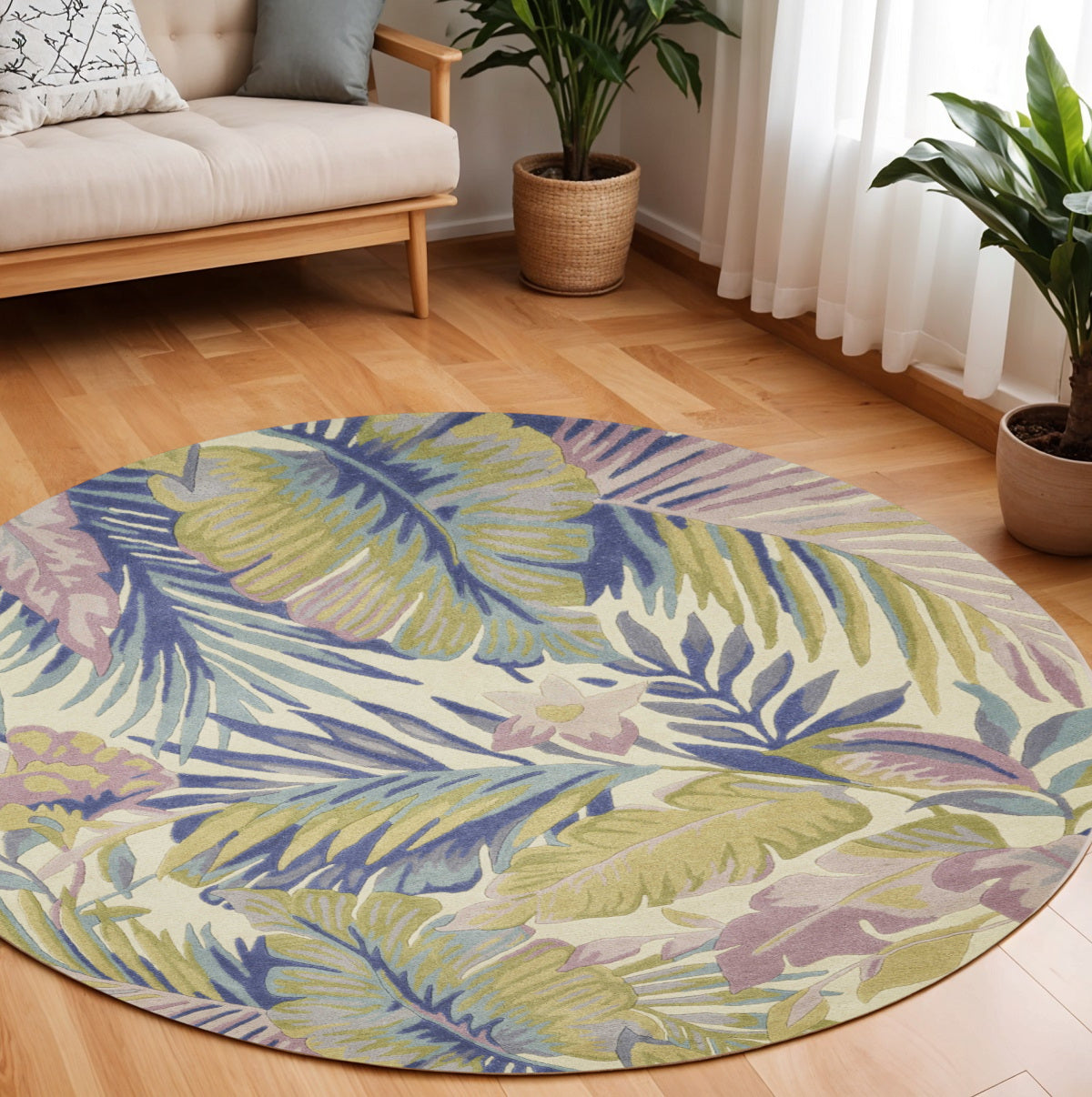 8' Green Pink And Purple Wool Tropical Botanical Hand Tufted Runner Rug-Area Rugs-DECOROLALA
