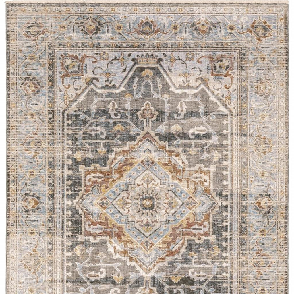 8' Grey Blue Machine Woven Medallion Indoor Runner Rug-Area Rugs-DECOROLALA