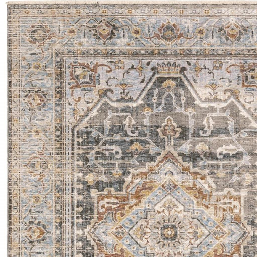 8' Grey Blue Machine Woven Medallion Indoor Runner Rug-Area Rugs-DECOROLALA