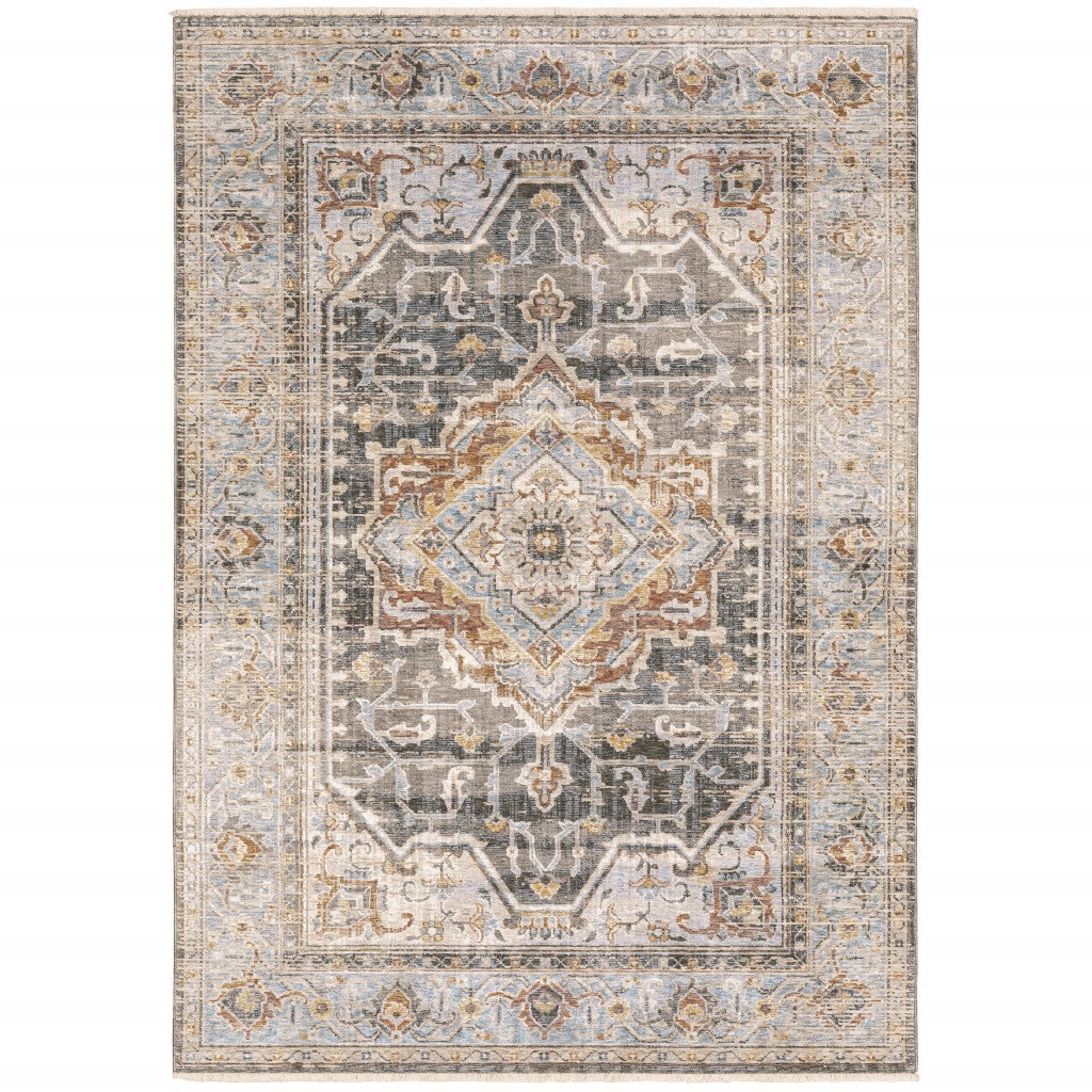 8' Grey Blue Machine Woven Medallion Indoor Runner Rug-Area Rugs-DECOROLALA