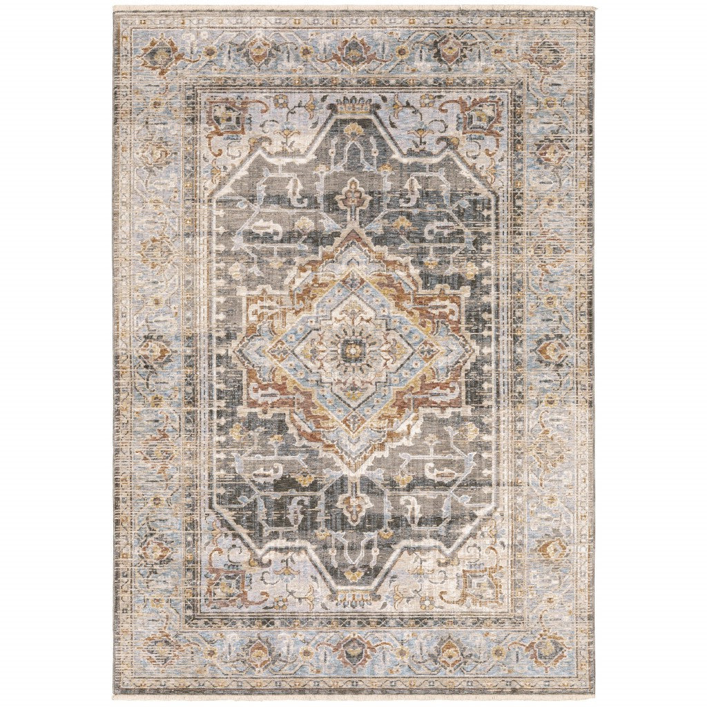 8' Grey Blue Machine Woven Medallion Indoor Runner Rug-Area Rugs-DECOROLALA
