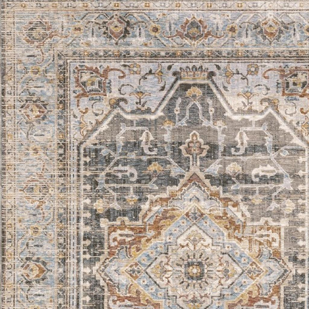 8' Grey Blue Machine Woven Medallion Indoor Runner Rug-Area Rugs-DECOROLALA