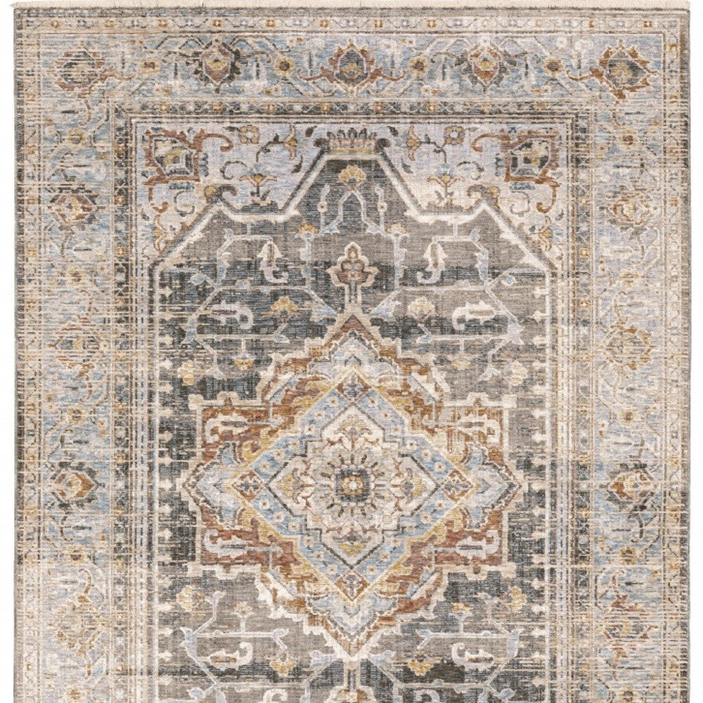 8' Grey Blue Machine Woven Medallion Indoor Runner Rug-Area Rugs-DECOROLALA