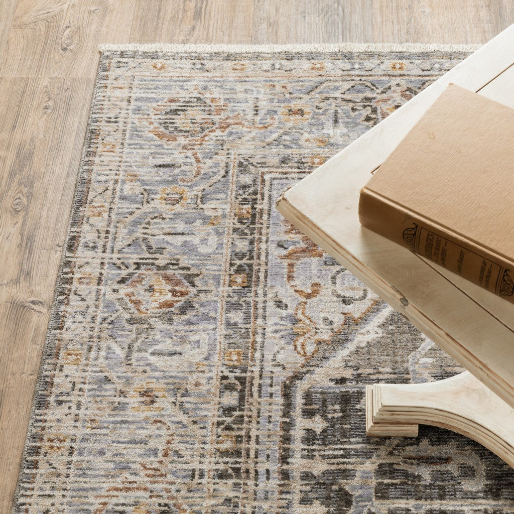 8' Grey Blue Machine Woven Medallion Indoor Runner Rug-Area Rugs-DECOROLALA