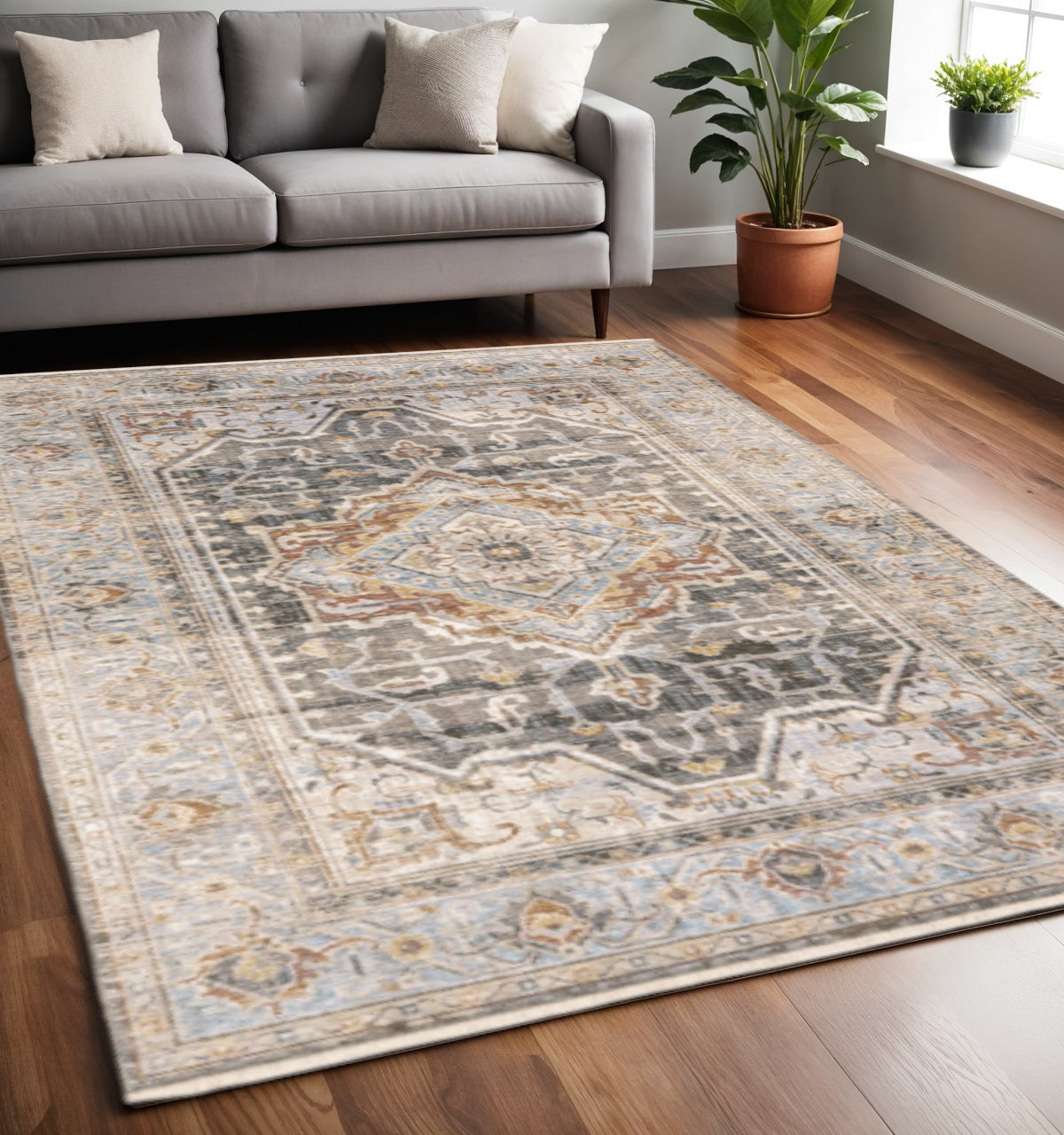 8' Grey Blue Machine Woven Medallion Indoor Runner Rug-Area Rugs-DECOROLALA