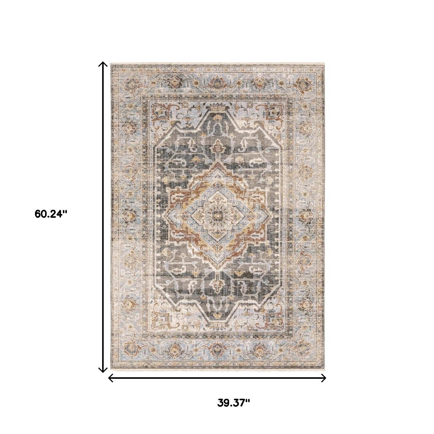8' Grey Blue Machine Woven Medallion Indoor Runner Rug-Area Rugs-DECOROLALA
