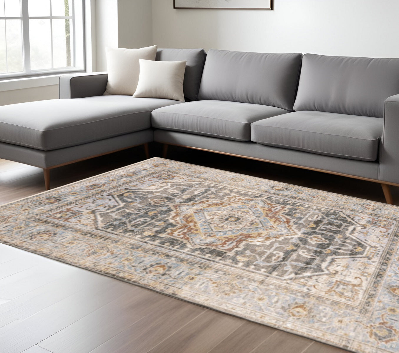 8' Grey Blue Machine Woven Medallion Indoor Runner Rug-Area Rugs-DECOROLALA