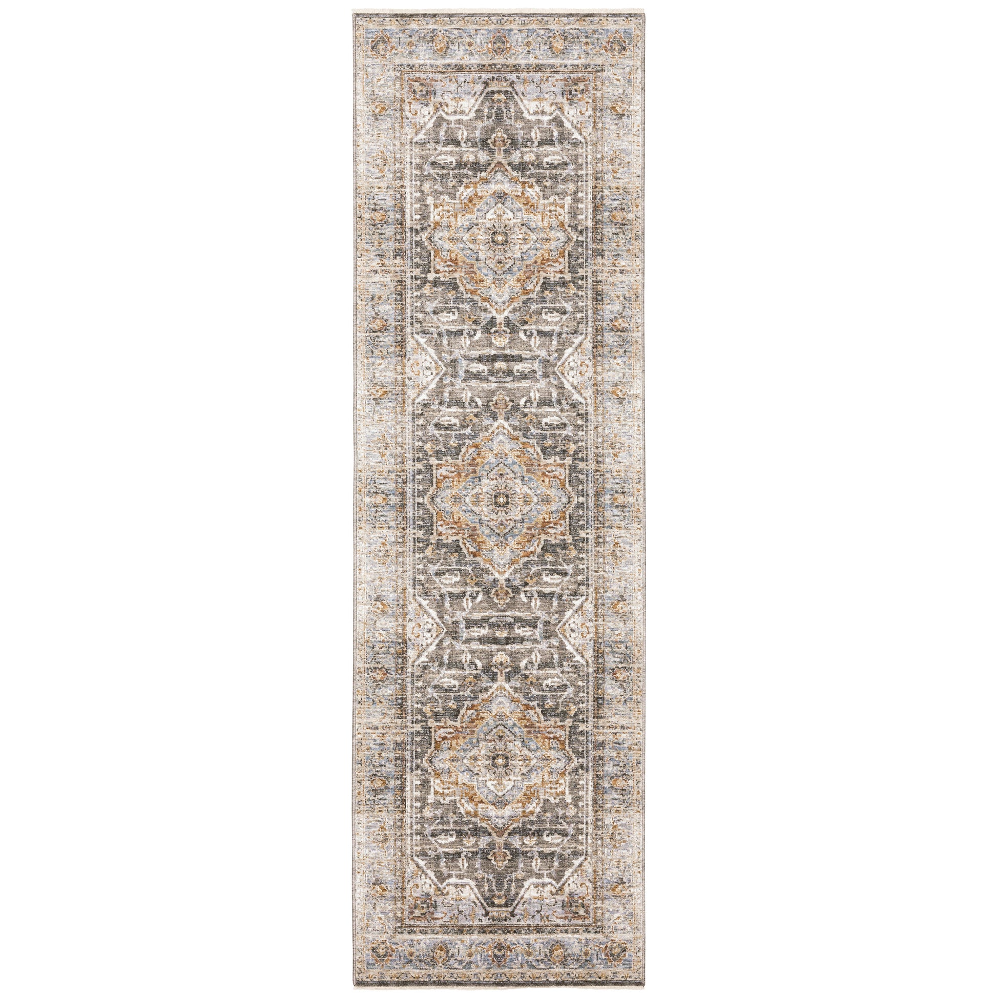 8' Grey Blue Machine Woven Medallion Indoor Runner Rug-Area Rugs-DECOROLALA