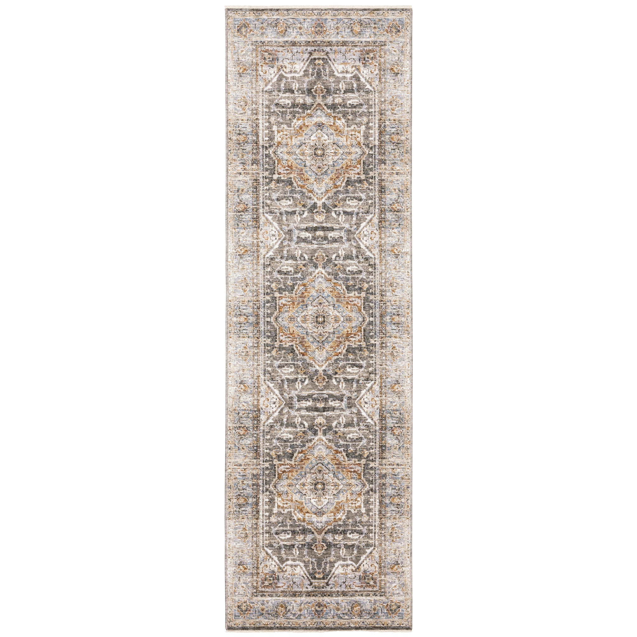 8' Grey Blue Machine Woven Medallion Indoor Runner Rug-Area Rugs-DECOROLALA
