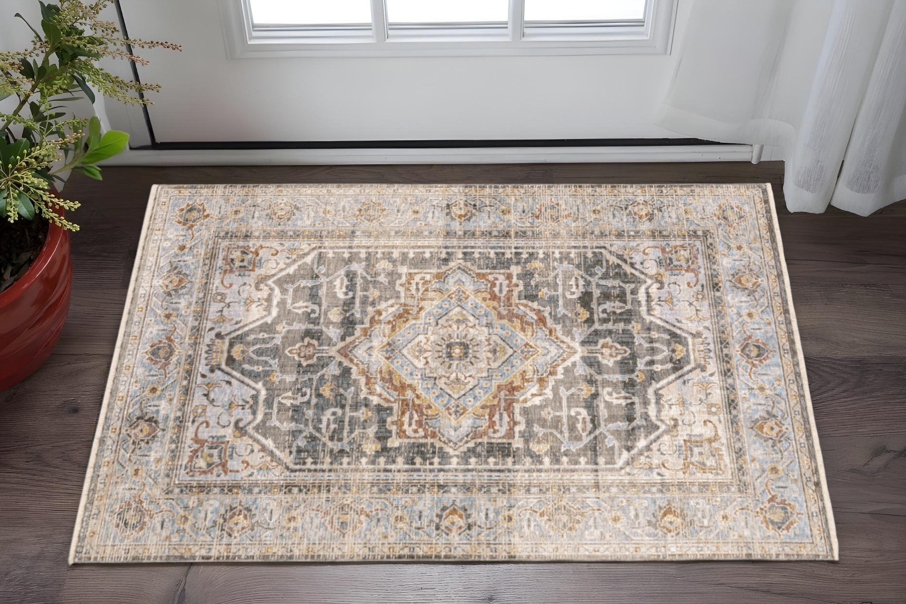 8' Grey Blue Machine Woven Medallion Indoor Runner Rug-Area Rugs-DECOROLALA