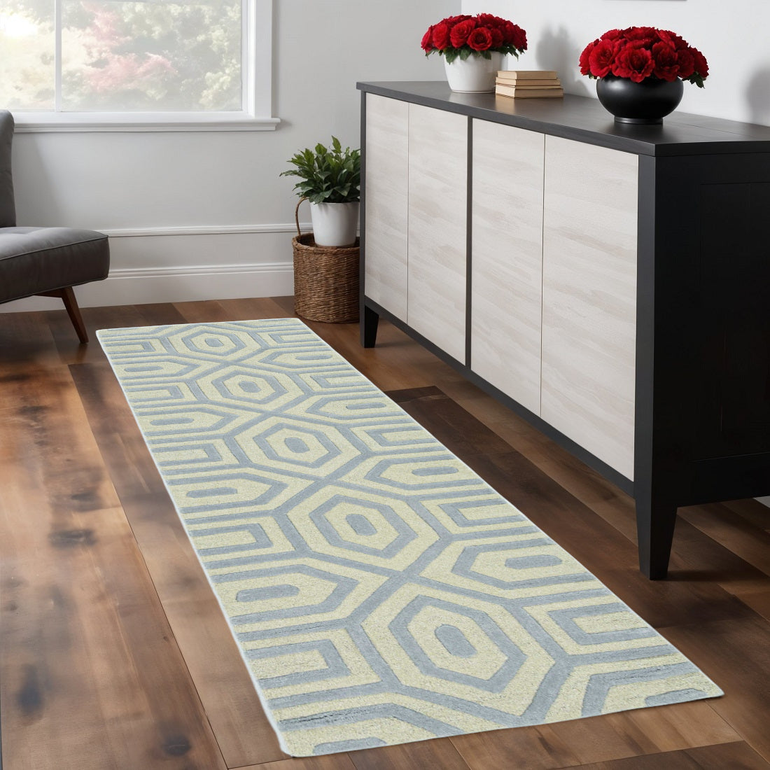 8' Grey Hand Tufted Geometric Indoor Runner Rug-Area Rugs-DECOROLALA
