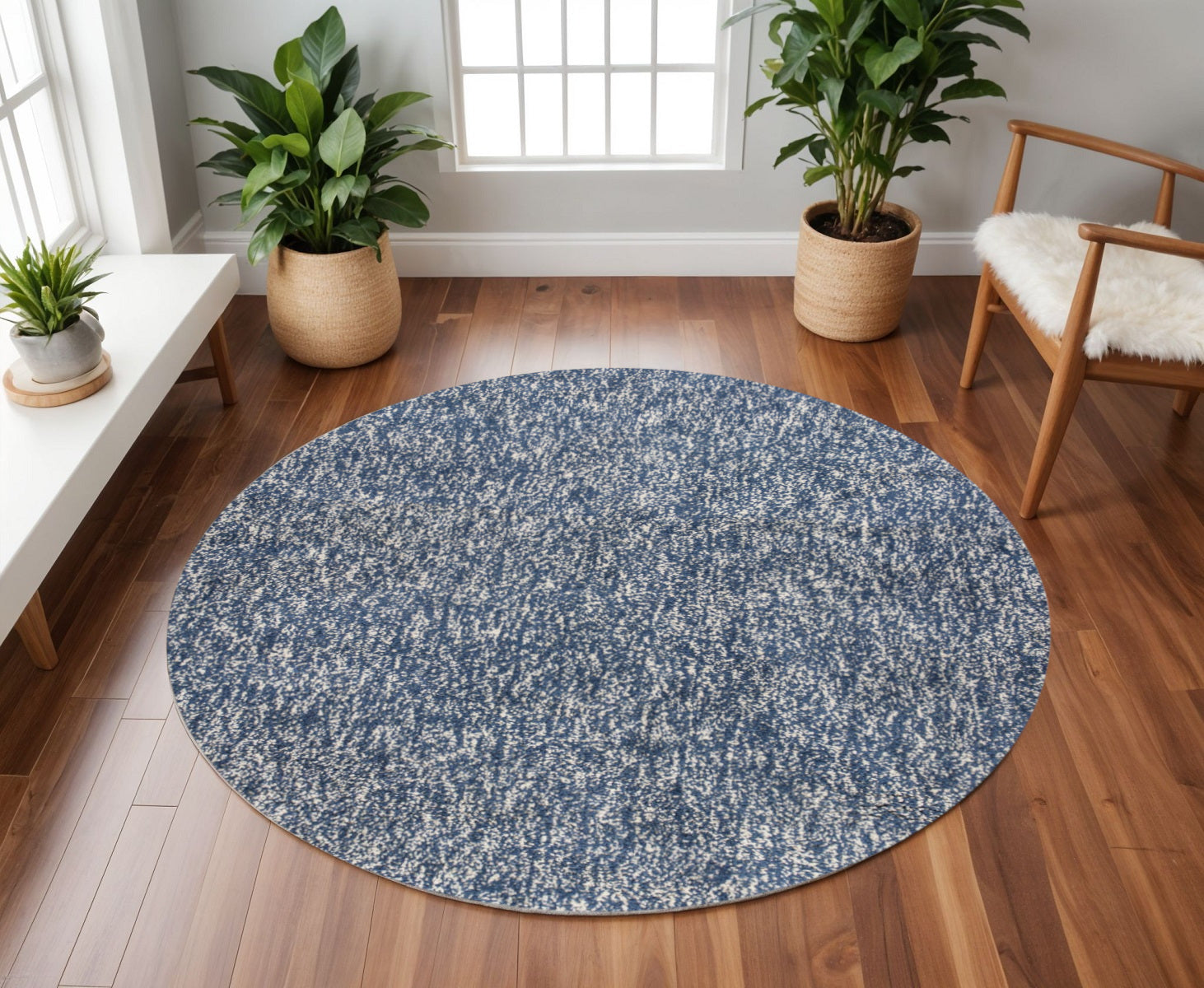 8' Indigo And Ivory Abstract Hand Woven Round Rug-Area Rugs-DECOROLALA
