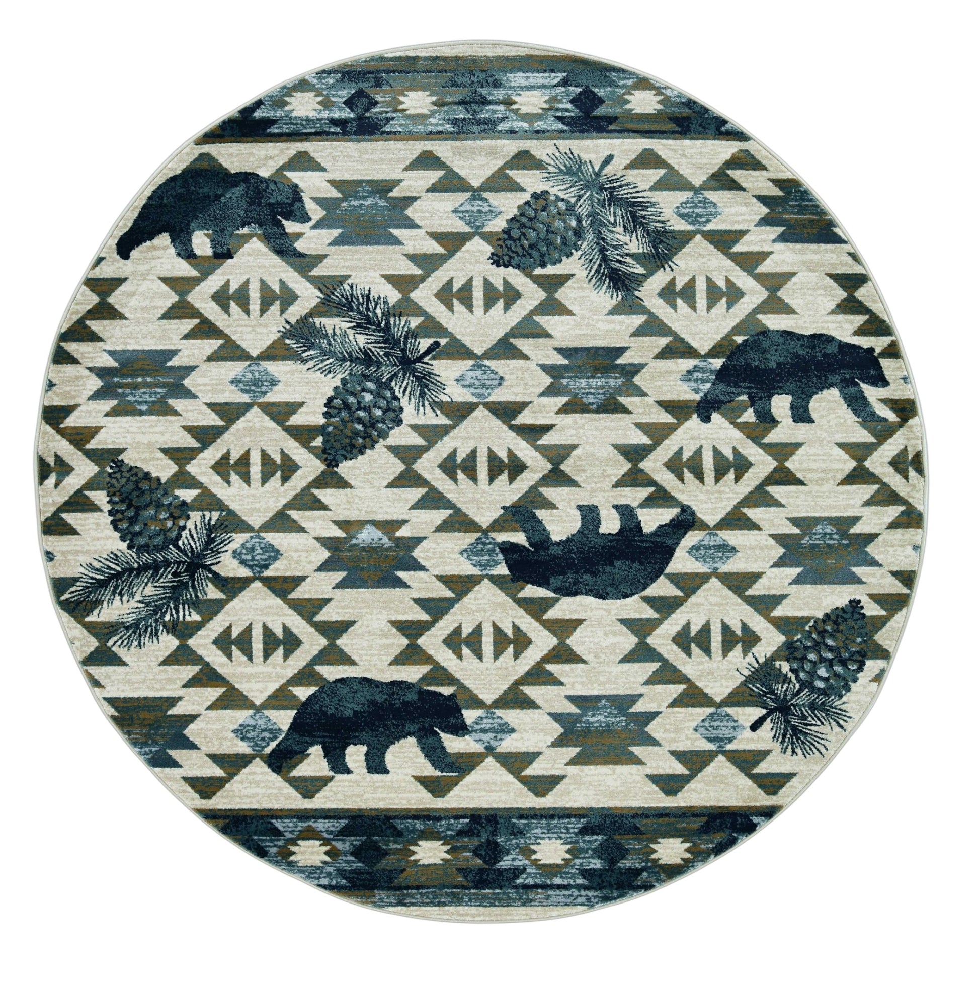 8' Ivory And Blue Southwestern Round Rug-Area Rugs-DECOROLALA