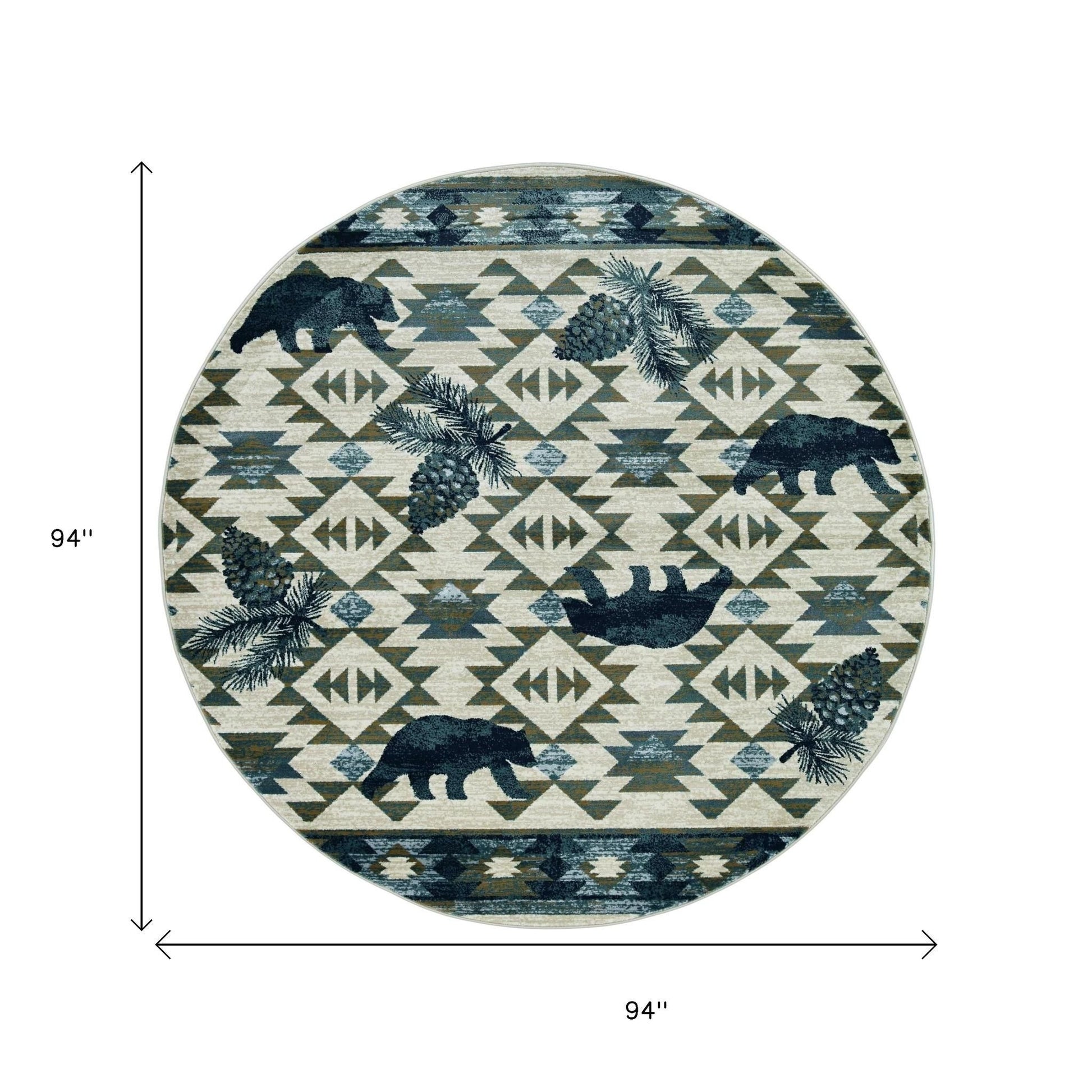 8' Ivory And Blue Southwestern Round Rug-Area Rugs-DECOROLALA