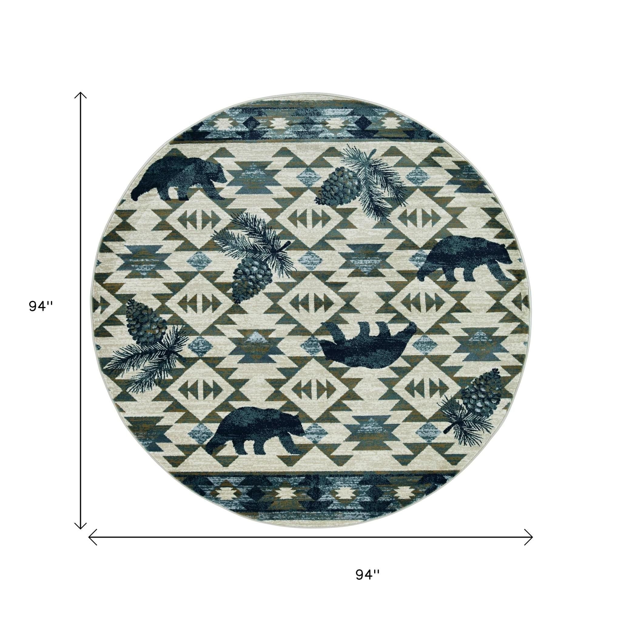 8' Ivory And Blue Southwestern Round Rug-Area Rugs-DECOROLALA
