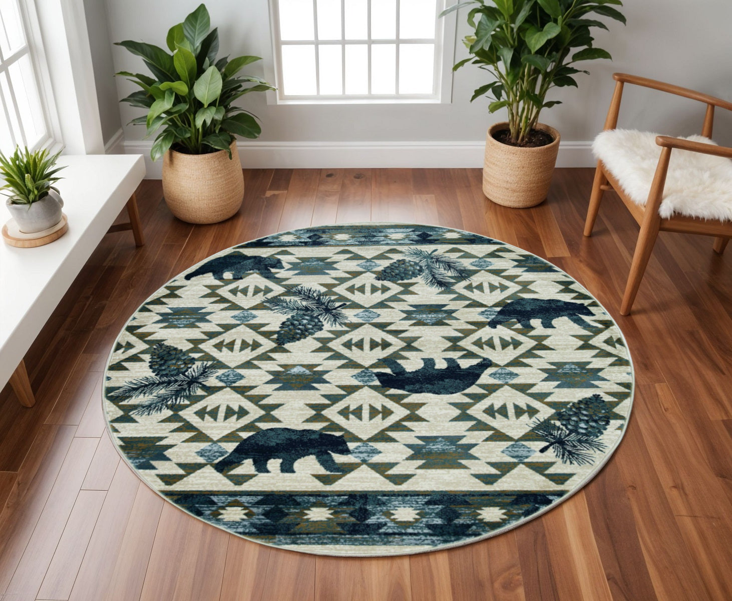 8' Ivory And Blue Southwestern Round Rug-Area Rugs-DECOROLALA