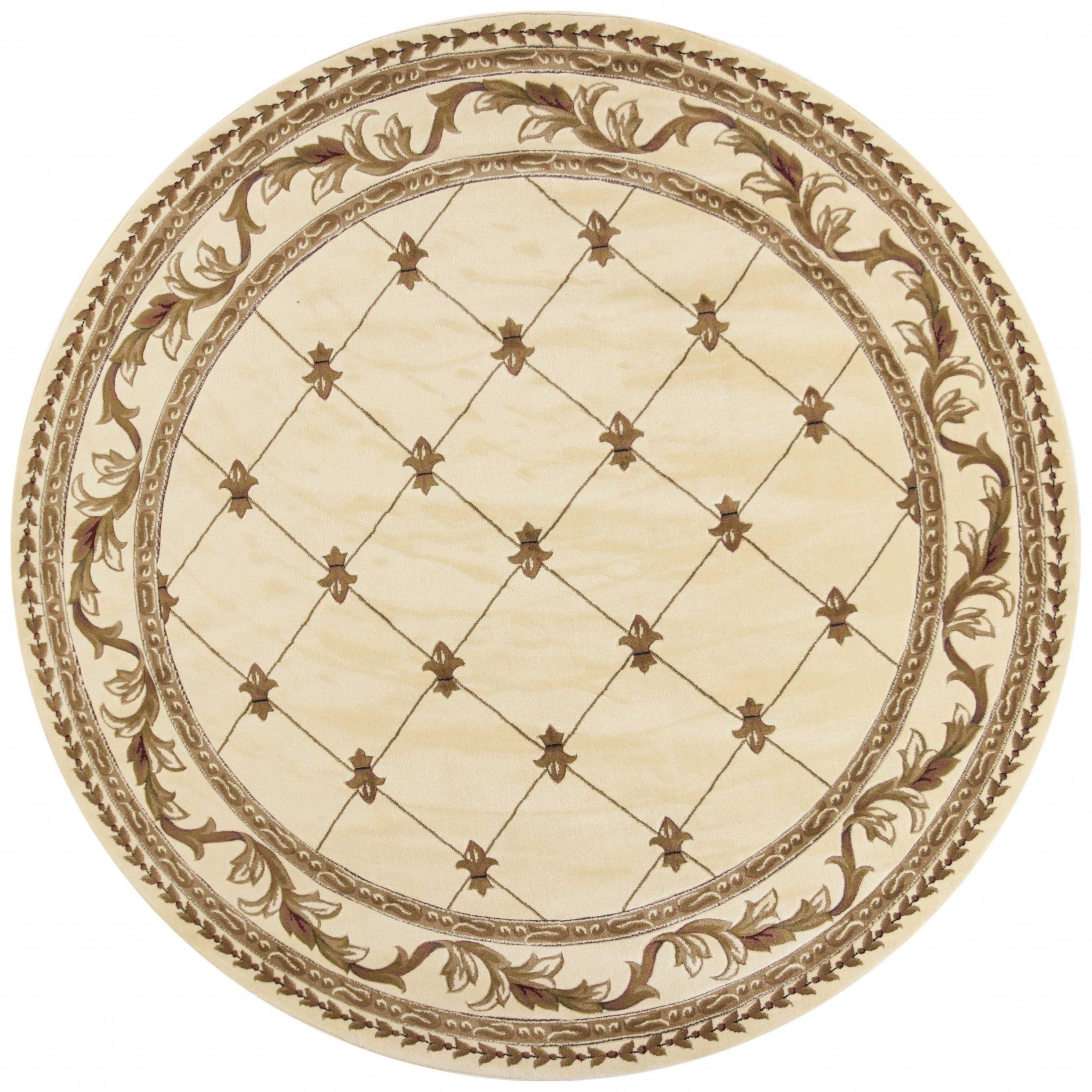 8' Ivory And Brown Floral Vines Round Rug-Area Rugs-DECOROLALA