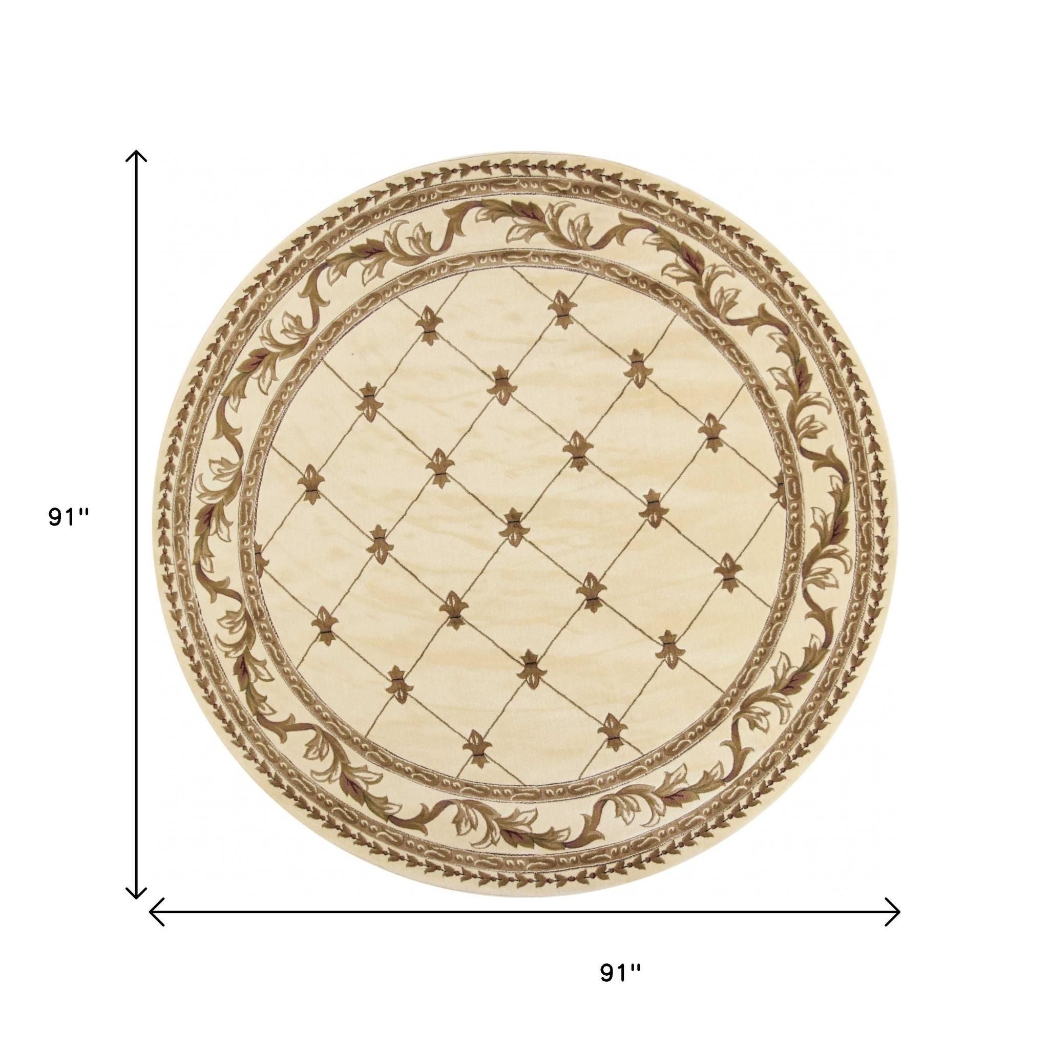8' Ivory And Brown Floral Vines Round Rug-Area Rugs-DECOROLALA