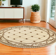 8' Ivory And Brown Floral Vines Round Rug-Area Rugs-DECOROLALA