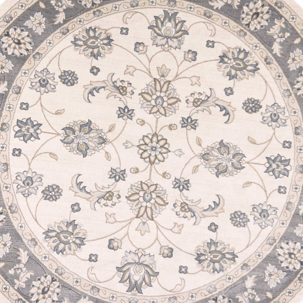 8' Ivory And Gray Floral Medallion Round Rug-Area Rugs-DECOROLALA
