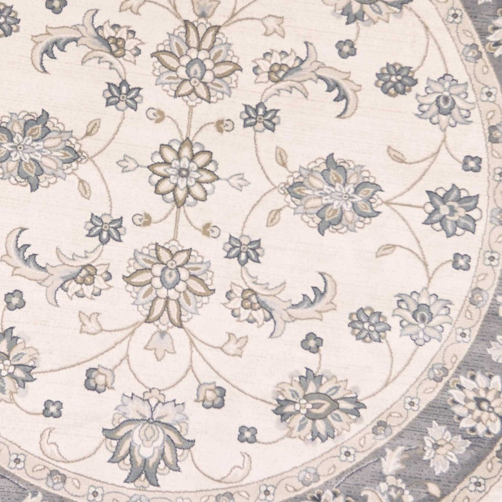 8' Ivory And Gray Floral Medallion Round Rug-Area Rugs-DECOROLALA