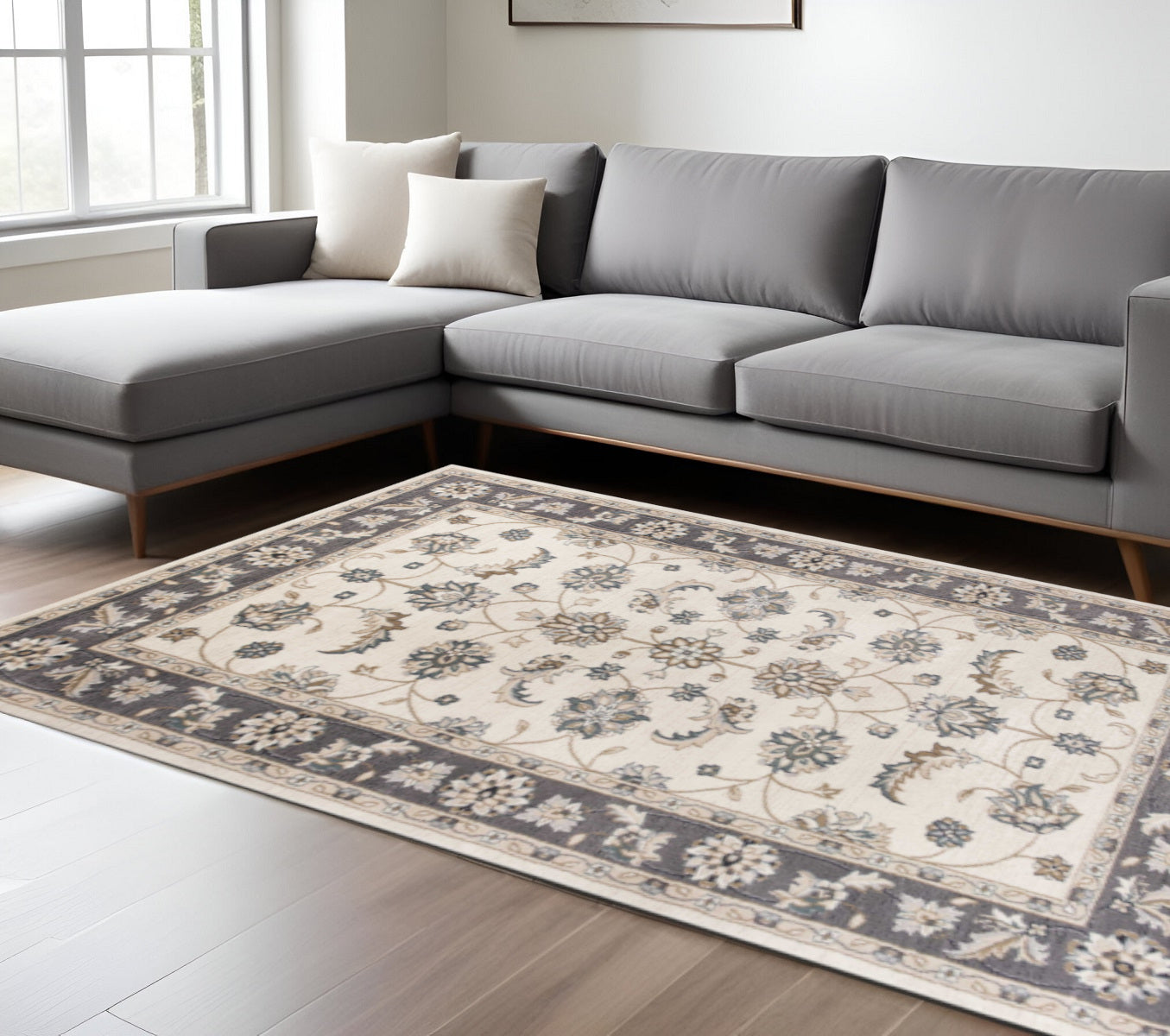8' Ivory And Gray Floral Medallion Round Rug-Area Rugs-DECOROLALA