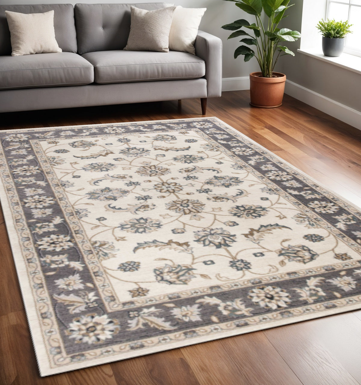 8' Ivory And Gray Floral Medallion Round Rug-Area Rugs-DECOROLALA