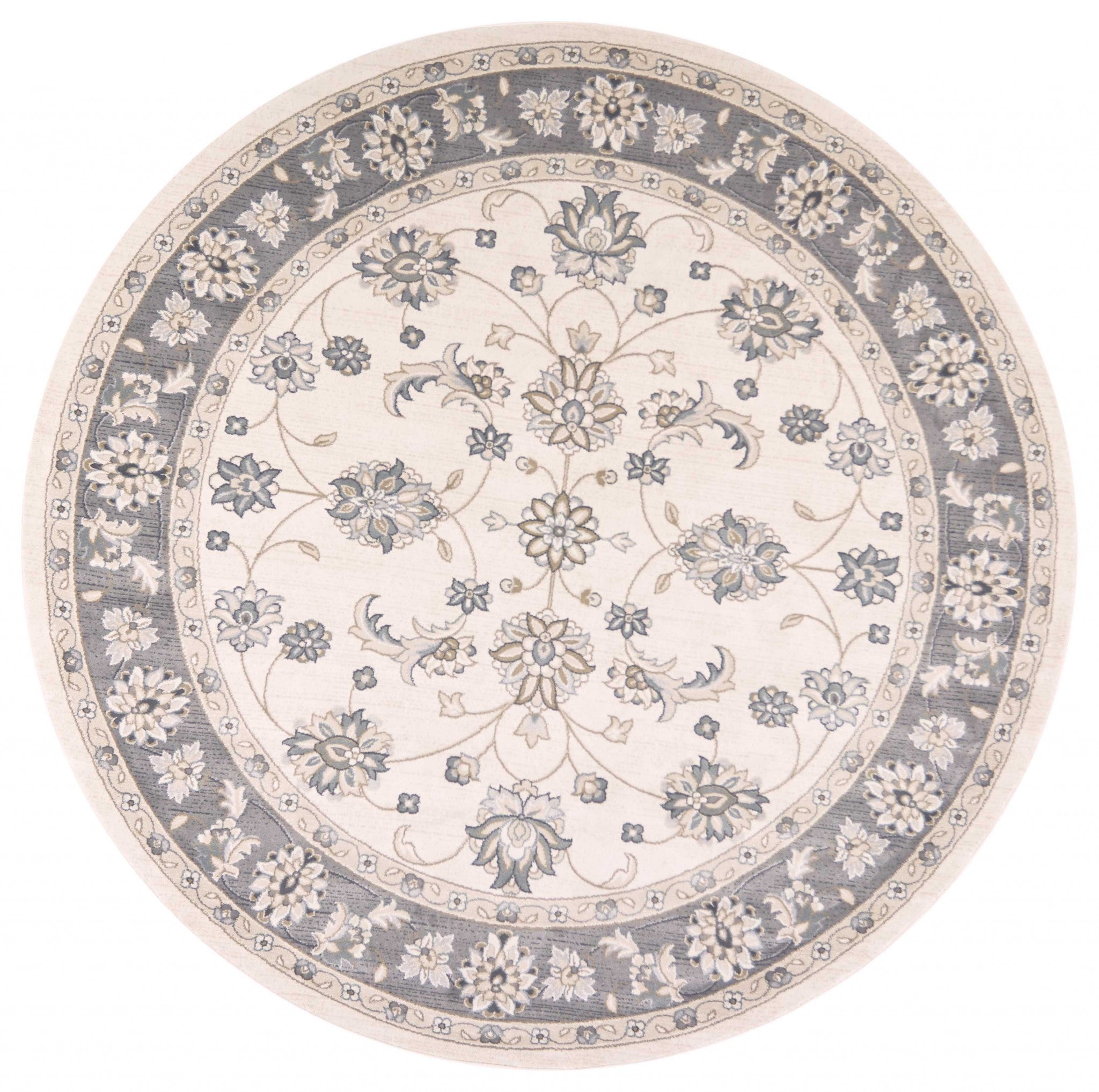 8' Ivory And Gray Floral Medallion Round Rug-Area Rugs-DECOROLALA