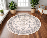 8' Ivory And Gray Floral Medallion Round Rug-Area Rugs-DECOROLALA