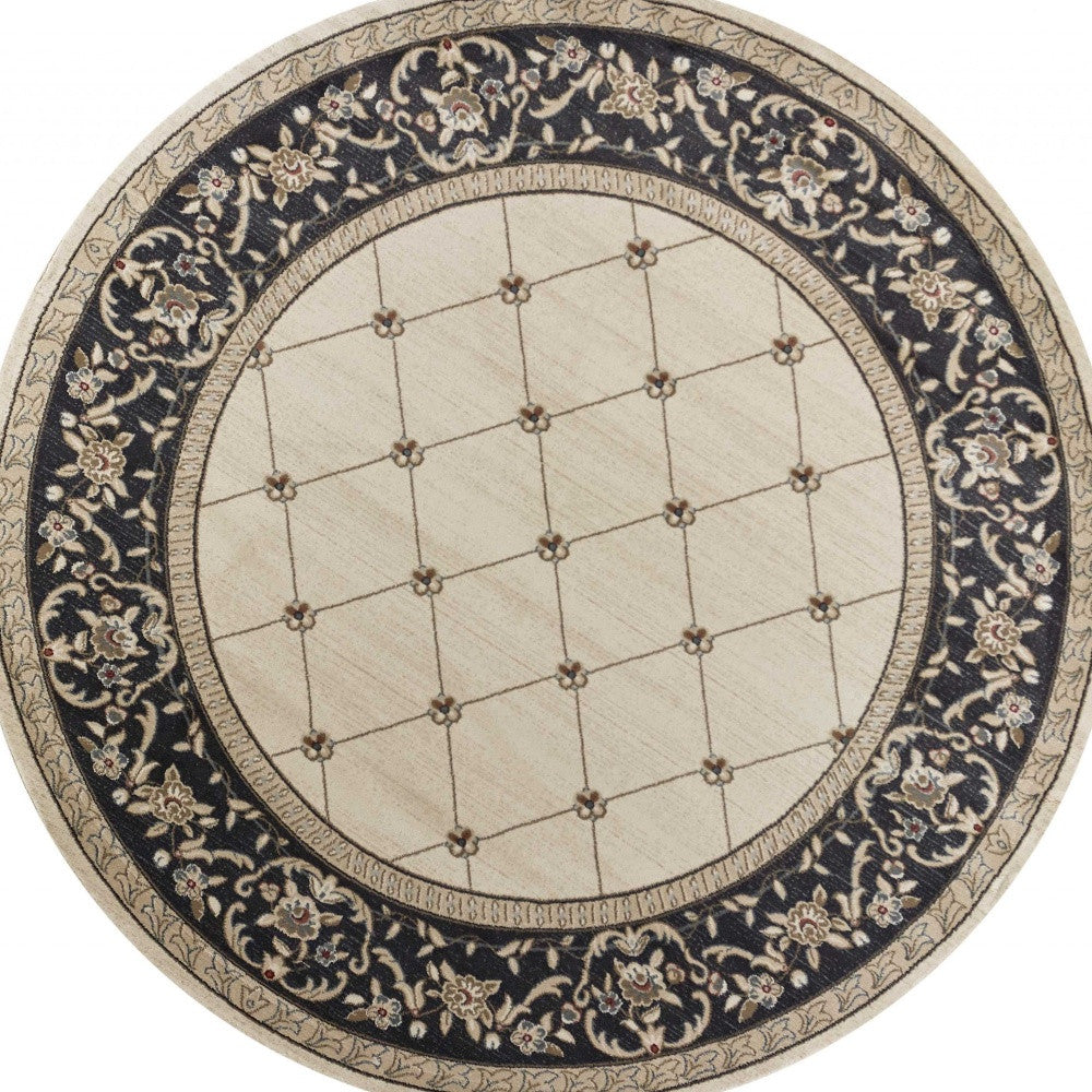 8' Ivory And Gray Floral Round Rug-Area Rugs-DECOROLALA