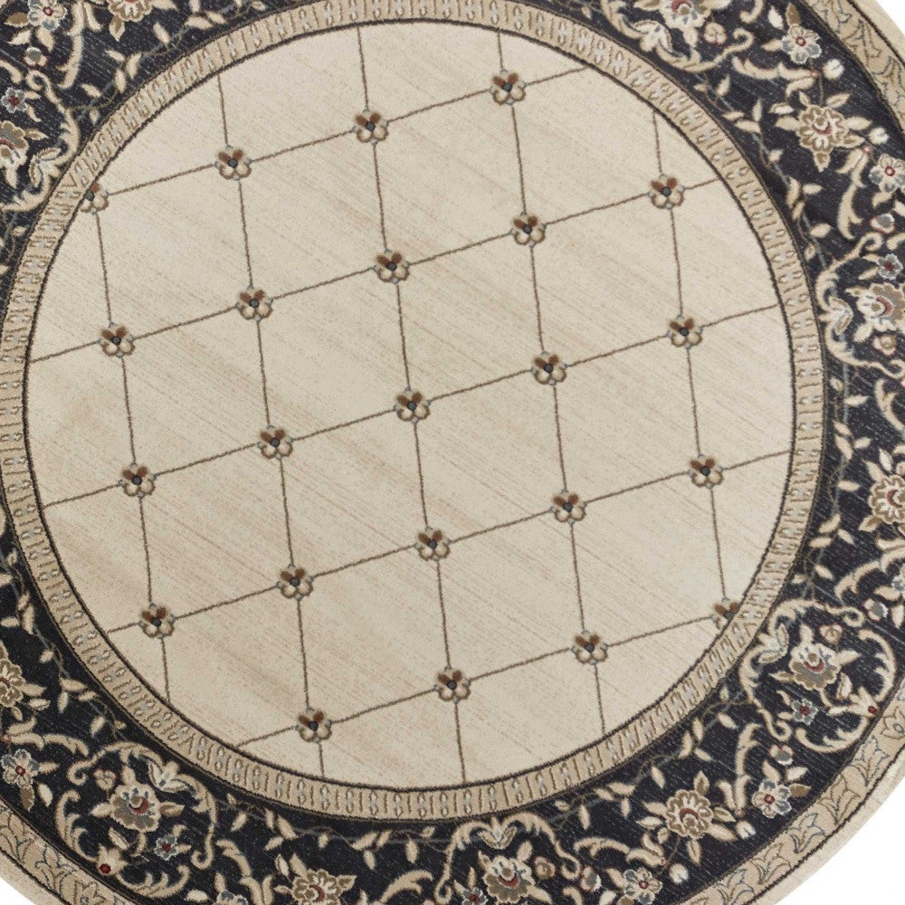 8' Ivory And Gray Floral Round Rug-Area Rugs-DECOROLALA